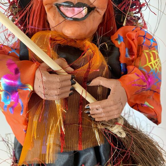 Animated Halloween Witch Decor Laugh Cackle Spin Light Up Sound Broom Hat Orange - Picture 7 of 8